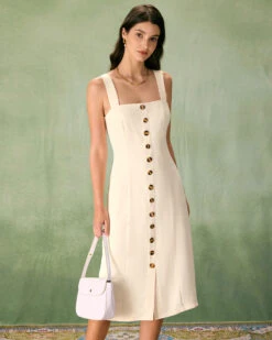 The Apricot Square Neck Button Slip Midi Dress