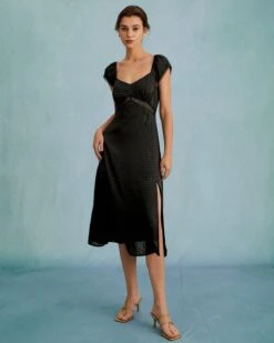 The Black V Neck Lace Spliced Short Sleeve Midi Dress -Outlet Dress Mix Up Store 0325 19601 915459