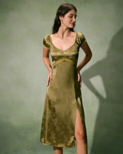 The Green Satin Jacquard Side Split Midi Dress -Outlet Dress Mix Up Store 0327RIHOAS 1484