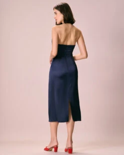 The Navy Cut-Out Satin Halter Midi Dress -Outlet Dress Mix Up Store 0327RIHOAS 2235