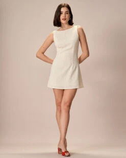 The Beige Boat Neck Textured Mini Dress -Outlet Dress Mix Up Store 0327RIHOAS 2243