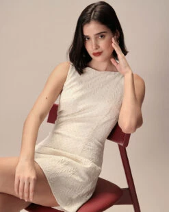 The Beige Boat Neck Textured Mini Dress -Outlet Dress Mix Up Store 0327RIHOAS 2283