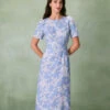 The Blue Round Neck Floral Midi Dress