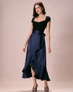 The Navy Drawstring Ruffle Satin Midi Skirt -Outlet Dress Mix Up Store 0327RIHOAS 2419