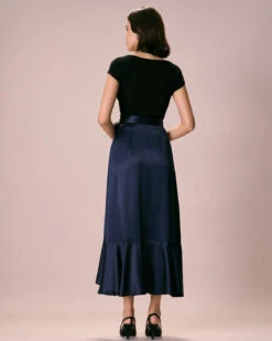 The Navy Drawstring Ruffle Satin Midi Skirt -Outlet Dress Mix Up Store 0327RIHOAS 2441