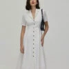 The White Lapel Short Sleeve Button-up Midi Dress