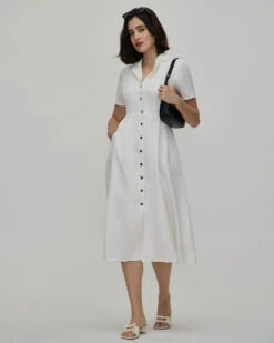 The White Lapel Short Sleeve Button-up Midi Dress -Outlet Dress Mix Up Store 0327RIHOAS 3270