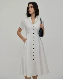 The White Lapel Short Sleeve Button-up Midi Dress -Outlet Dress Mix Up Store 0327RIHOAS 3282