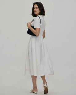 The White Lapel Short Sleeve Button-up Midi Dress -Outlet Dress Mix Up Store 0327RIHOAS 3297