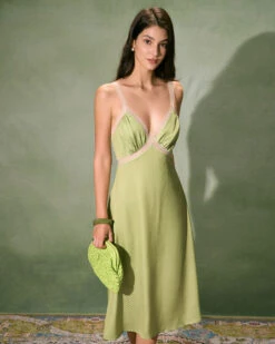The Green V-Neck Lace Trim Satin Midi Dress -Outlet Dress Mix Up Store 0327RIHOAS 809