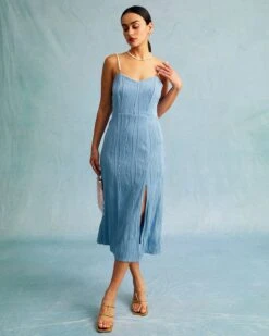 The Blue Wave Textured Pearl Strap Midi Dress -Outlet Dress Mix Up Store 0415 31681 582290
