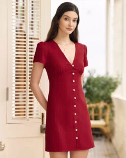 The Red V Neck Button Mini Dress -Outlet Dress Mix Up Store 0421RIHOAS 2356 7d7de32d 9784 4b09 8a30 4c65f34d8767