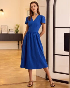 The Navy V Neck Wrap Midi Dress 11 The Navy V Neck Wrap Midi Dress -Outlet Dress Mix Up Store 0421RIHOAS 857