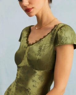 The Green Jacquard Cap Sleeve Satin Midi Dress -Outlet Dress Mix Up Store 0423rihoas1034