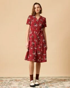 The V Neck Knotted Floral Midi Dress 8 The V Neck Knotted Floral Midi Dress -Outlet Dress Mix Up Store 0431