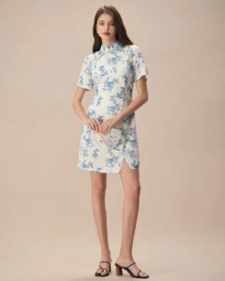 The Blue Mandarin Collar Floral Cheongsam -Outlet Dress Mix Up Store 0522Rihoas 1162