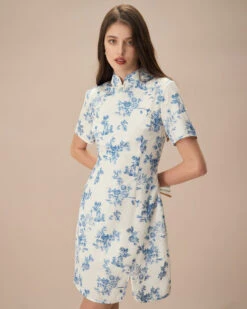 The Blue Mandarin Collar Floral Cheongsam -Outlet Dress Mix Up Store 0522Rihoas 1177