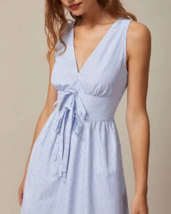The Blue V Neck Shirred Striped Maxi Dress -Outlet Dress Mix Up Store 0613rihoas59550
