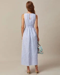 The Blue V Neck Shirred Striped Maxi Dress -Outlet Dress Mix Up Store 0613rihoas59553