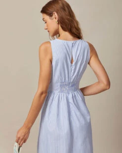 The Blue V Neck Shirred Striped Maxi Dress -Outlet Dress Mix Up Store 0613rihoas59561