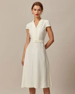 The Beige Lapel Cap Sleeve Shirt Midi Dress