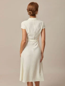 The Beige Lapel Cap Sleeve Shirt Midi Dress -Outlet Dress Mix Up Store 0613rihoas62883