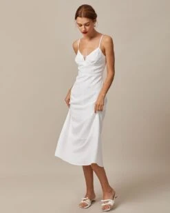 The White Deep V Neck Ruched Midi Dress -Outlet Dress Mix Up Store 0613rihoas62888 437509