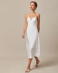 The White Deep V Neck Ruched Midi Dress -Outlet Dress Mix Up Store 0613rihoas62892 162655