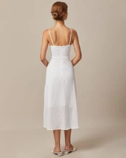 The White Deep V Neck Ruched Midi Dress -Outlet Dress Mix Up Store 0613rihoas62914 652346