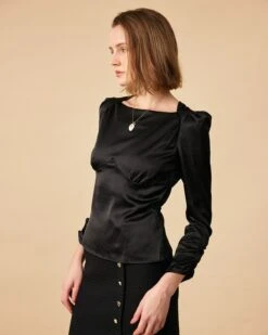 The Solid Puff Sleeve Tie-back Satin Blouse -Outlet Dress Mix Up Store 0902