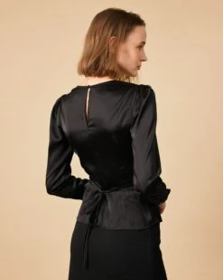 The Solid Puff Sleeve Tie-back Satin Blouse -Outlet Dress Mix Up Store 0904