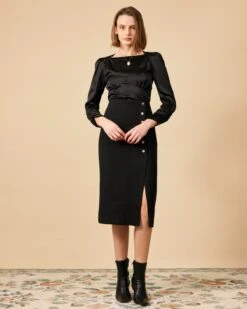 The Solid Puff Sleeve Tie-back Satin Blouse -Outlet Dress Mix Up Store 0913