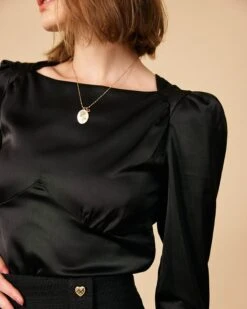 The Solid Puff Sleeve Tie-back Satin Blouse -Outlet Dress Mix Up Store 0933