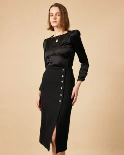 The Solid Puff Sleeve Tie-back Satin Blouse -Outlet Dress Mix Up Store 0937