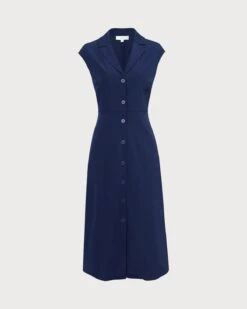 The Navy V Neck Button Cap Sleeve Midi Dress -Outlet Dress Mix Up Store 0 1acd2525 a02d 4cbf 9350 6b1379016ef5 931490