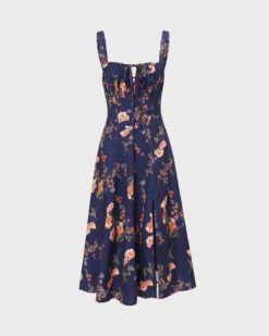 The Navy Lace Up Floral Ruched Midi Dress -Outlet Dress Mix Up Store 0 394730b1 ea59 4e16 8b0f fb717bf676a7