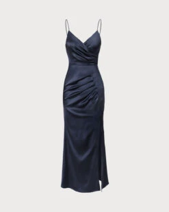The Navy V-Neck Ruched Satin Sling Maxi Dress -Outlet Dress Mix Up Store 0 3e901222 5e14 4621 aa30 d4f3e514e0eb