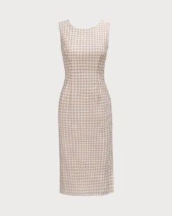 The Beige Round Neck Plaid Slit Midi Dress -Outlet Dress Mix Up Store 0 45ab03fe 82ec 4f34 8c15 cf316bfd3686