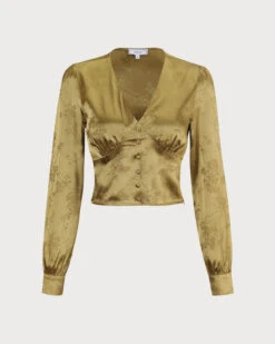 The Green V Neck Jacquard Satin Blouse -Outlet Dress Mix Up Store 0 6842feeb ad3a 4a0d 9cbb aa5b5e146c00