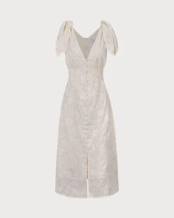 The Beige V Neck Jacquard Midi Dress -Outlet Dress Mix Up Store 0 cd5879d3 a5af 4288 99ec b7647bb1e63f