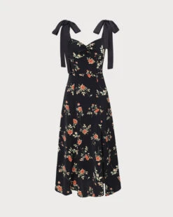 The Black Floral Ruched Tie Strap Slit Midi Dress -Outlet Dress Mix Up Store 0 da2db357 8e5f 4b62 910a 2738cc07920b