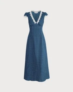 The Navy V Neck Polka Dot Lace Ruched Maxi Dress -Outlet Dress Mix Up Store 0 f29c33e7 cdeb 4830 9a37 2c35173aae5f 956412