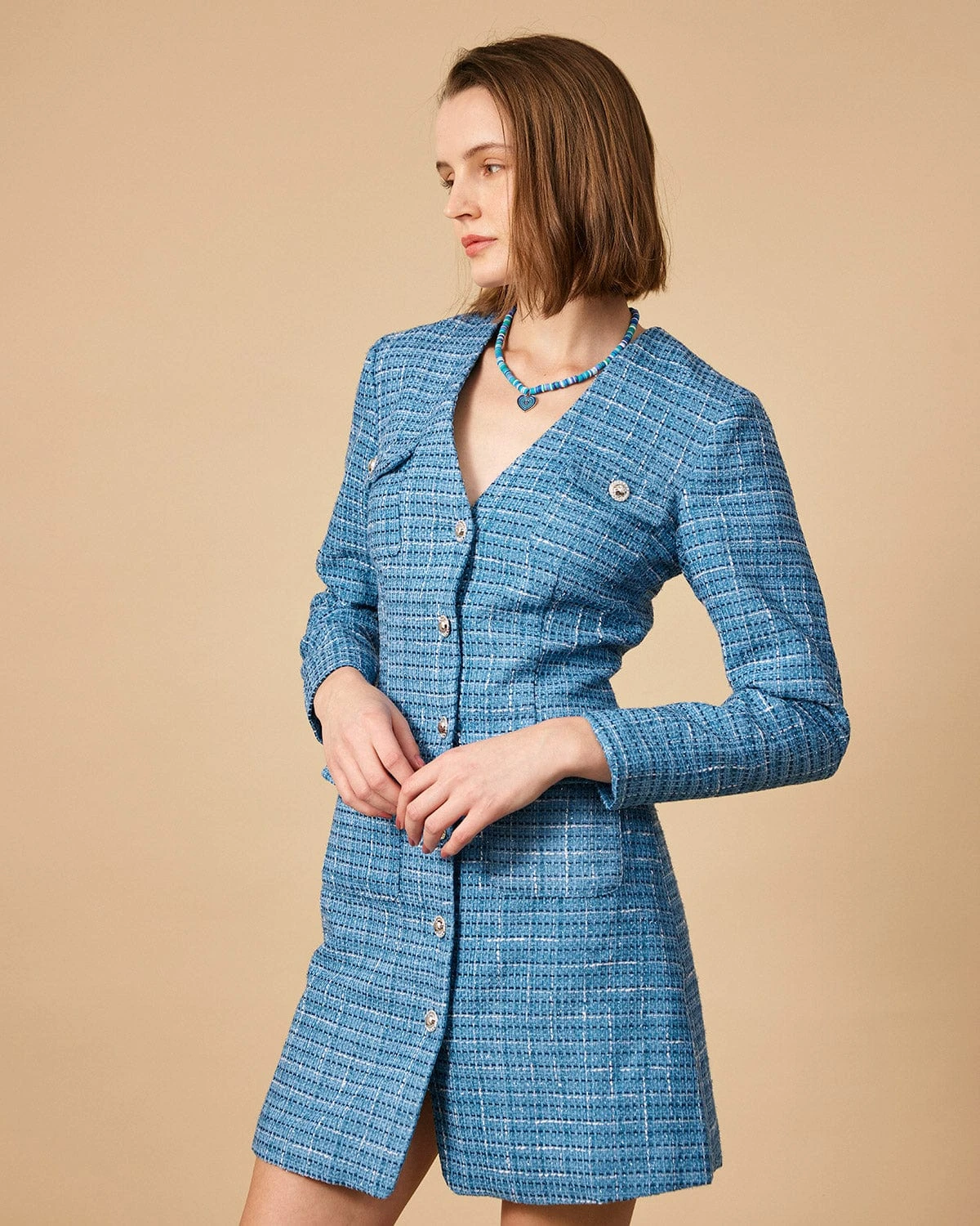 The V Neck Plaid Tweed Long Sleeve Mini Dress 3 The V Neck Plaid Tweed Long Sleeve Mini Dress - Image 3