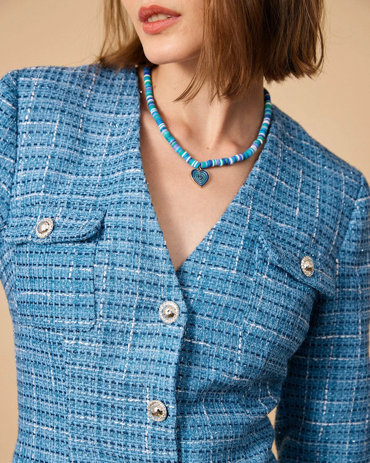 The V Neck Plaid Tweed Long Sleeve Mini Dress 2 The V Neck Plaid Tweed Long Sleeve Mini Dress - Image 2