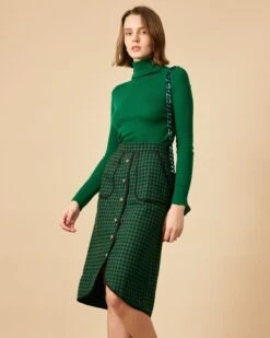 The Fake Button Tweed Midi Skirt -Outlet Dress Mix Up Store 1345