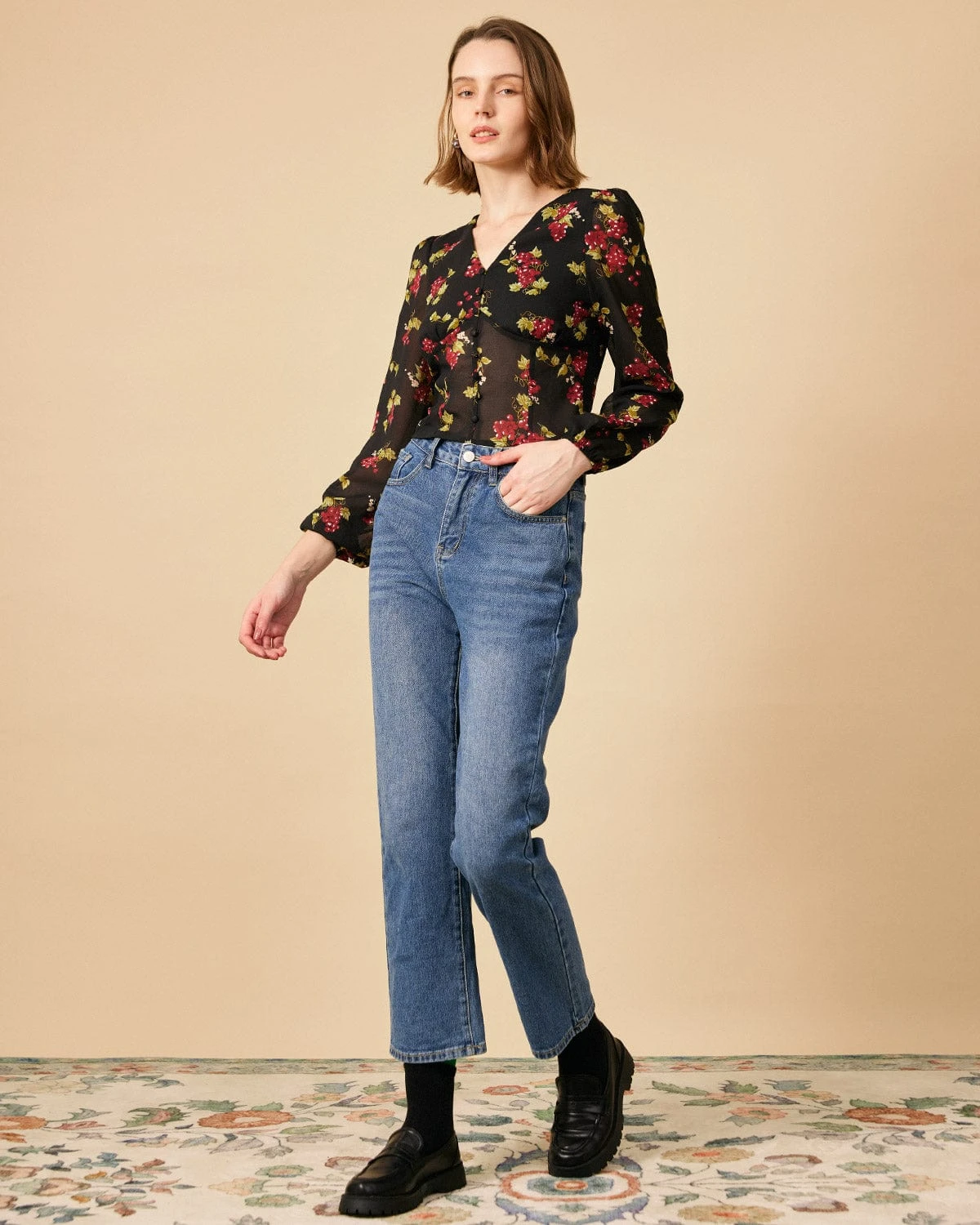 The V Neck See-through Sleeve Floral Blouse 4 The V Neck See-through Sleeve Floral Blouse - Image 4
