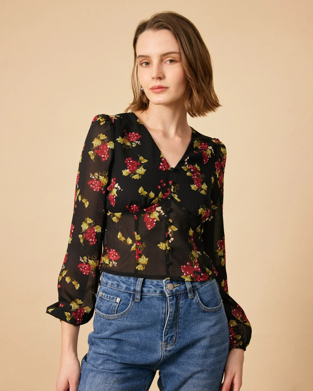 The V Neck See-through Sleeve Floral Blouse 1 The V Neck See-through Sleeve Floral Blouse