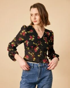 The V Neck See-through Sleeve Floral Blouse 8 The V Neck See-through Sleeve Floral Blouse -Outlet Dress Mix Up Store 1426