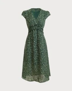 The V Neck Frill Trim Midi Dress -Outlet Dress Mix Up Store 16594120586103