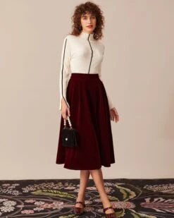 The Red High Waisted Velvet Midi Skirt -Outlet Dress Mix Up Store 16934689218740
